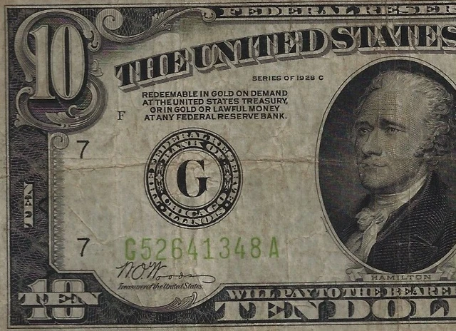 1928C $10 Chicago Federal Reserve Note Light Green Seal rare