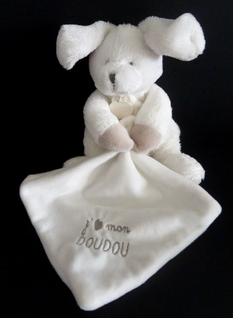 *. J'AIME MON DOUDOU ET COMPAGNIE LAPIN chien mouchoir blanc beige 18cm NEUF *