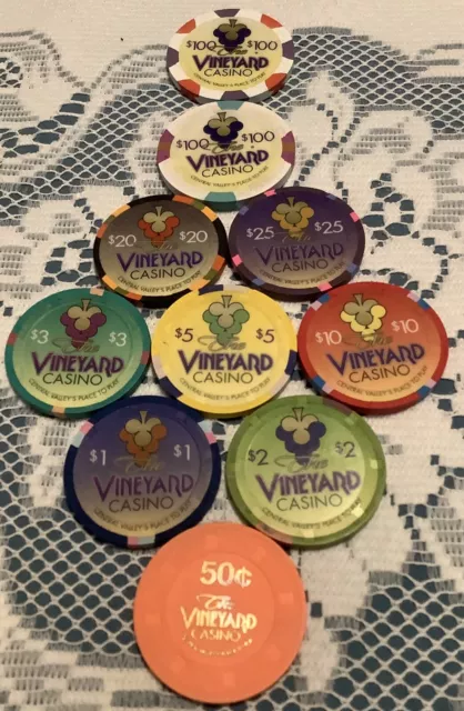 The Vineyard Casino Ten Chips-One Each $.50, $1, $2,$3,$5,$10,$20,$25,$100,$100