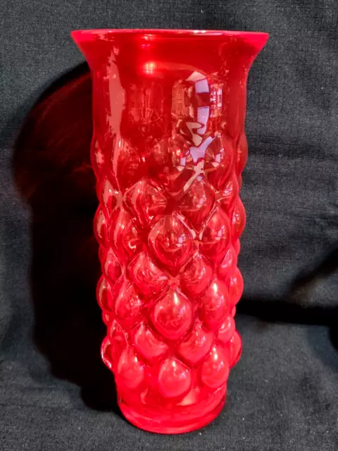 RARE Lg 1960s BLENKO or BISCHOFF HAND BLOWN RUBY RED 10.75" HOBNAIL BUBBLE VASE