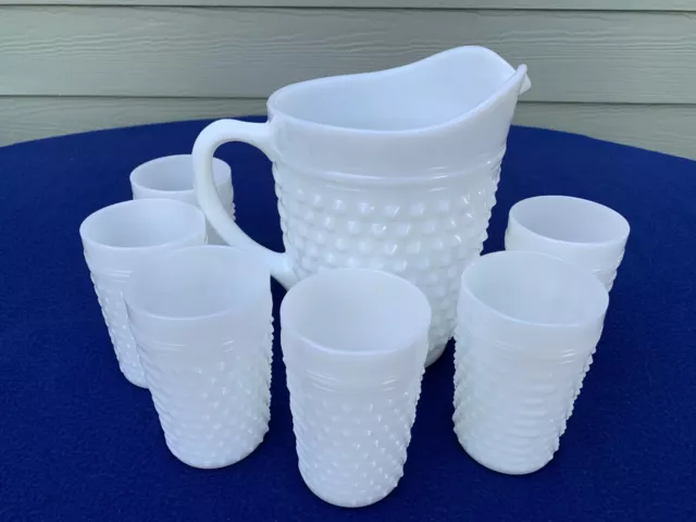 Anchor Hocking vtg hobnail milk glass pitcher set with 6 tumblers, excellent