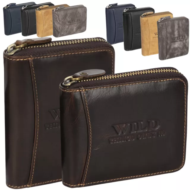 RFID Leder Geldbörse Herren Brieftasche mit Reißverschluss Querformat Braun