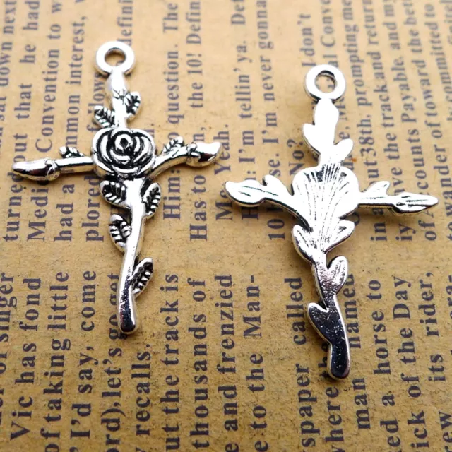 20 Tibet Silver Tone Alloy Rose Cross Charm Pendants 24X35mm Jewelry Making