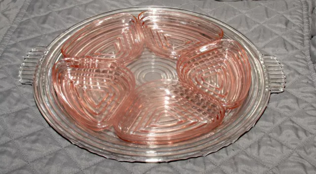 Manhattan Clear  Depression Glass Platter 14" Round Tray W/ 5 Pink Relish Bowls