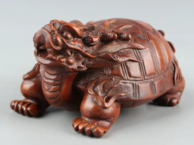 Chinese Exquisite Hand-carved Dragon turtle Carving Boxwood statue table deco