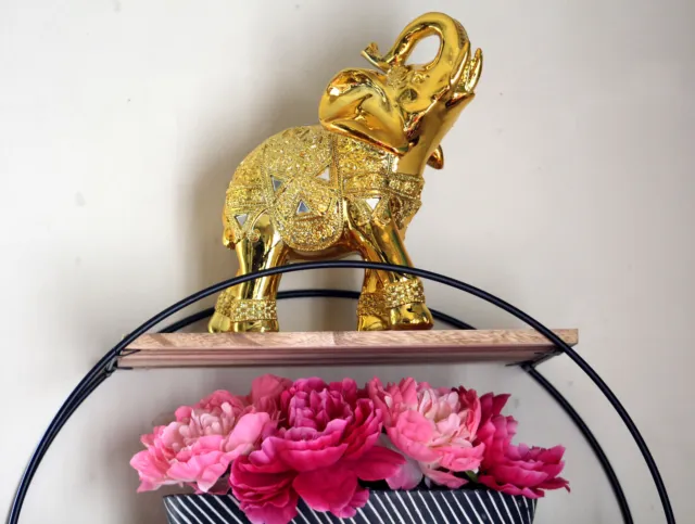 Set of 2 Gold Lucky Elephants Statues Feng Shui Figurine Home Decor Gift