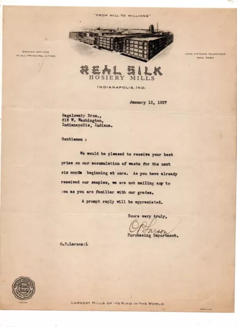 Real Silk Hosiery Mills 1927 letter SIGNED Oscar P. Larson, Indianapolis Indiana