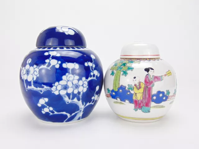 Antique / Vintage Chinese Ginger Jar x2 Blue and White Prunus & Famille Rose 2