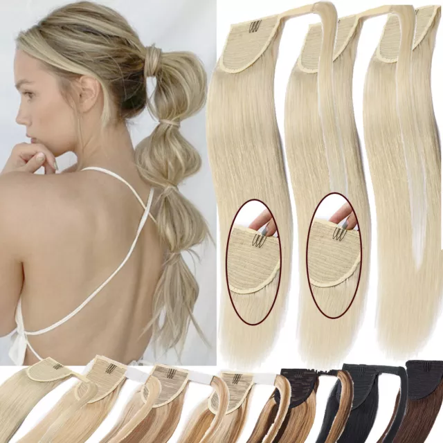 Dick Echthaar Pferdeschwanz Zopf Clip In Human Hair Extensions Ponytail Glatt DE