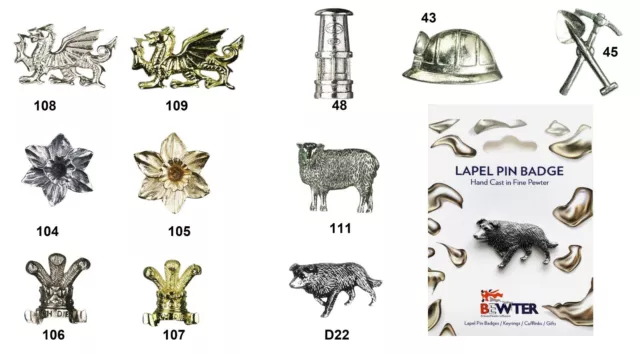 WALES WELSH Pewter Lapel Pin Badges, Choice of Designs. FREE UK Delivery