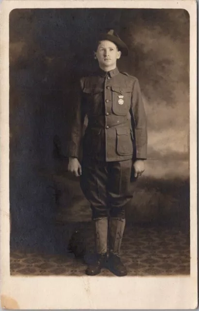 Vintage 1910s WWI Military RPPC Studio Postcard Young Army Soldier in Uniform