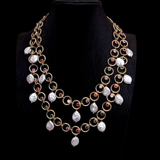 2 Strands Cz Pave Rosary Chain White Coin Pearl Necklace Multi Color  Necklace