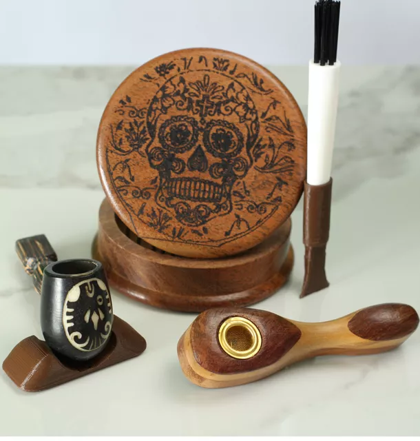 Stone Fish & Banjo Hand Carved Wood Smoking Pipe & 2pc Etched 2¾" Wood Grinder