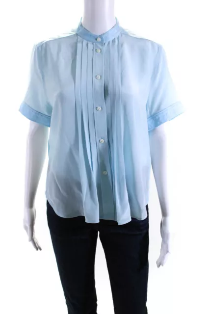 Rag & Bone Women's Silk Short Sleeve Button Down Pleated Blouse Blue Size M