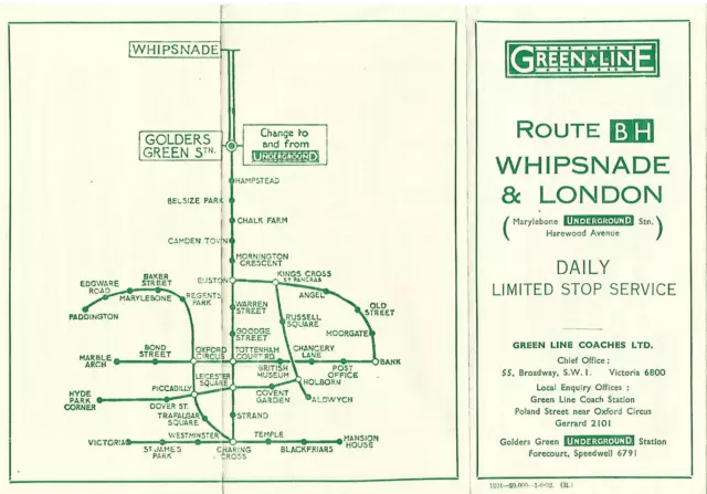 RARE GREEN LINE COACH TIMETABLE - ROUTE BH LONDON MARYLEBONE to WHIPSNADE 1932