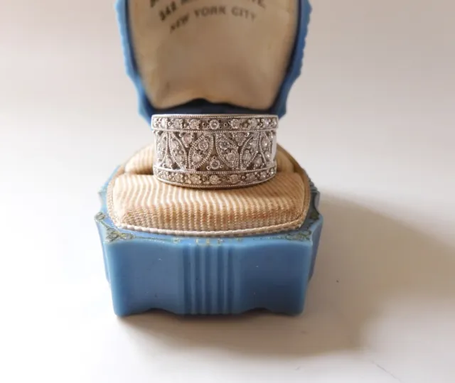 Elegant 14K White Gold .55 Carat Pavé Diamond Ring With Art Deco Leaf Pattern