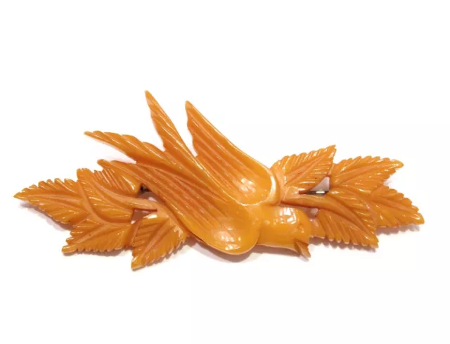 Vintage Bakelite Butterscotch Carved Bird Brooch Dove Leaf Pin