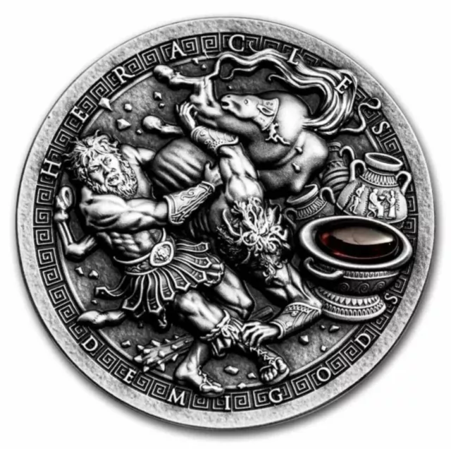 2021 $2 Niue Demigods HERACLES Antique 2 Oz Silver Coin WITH Red Garnet Insert.
