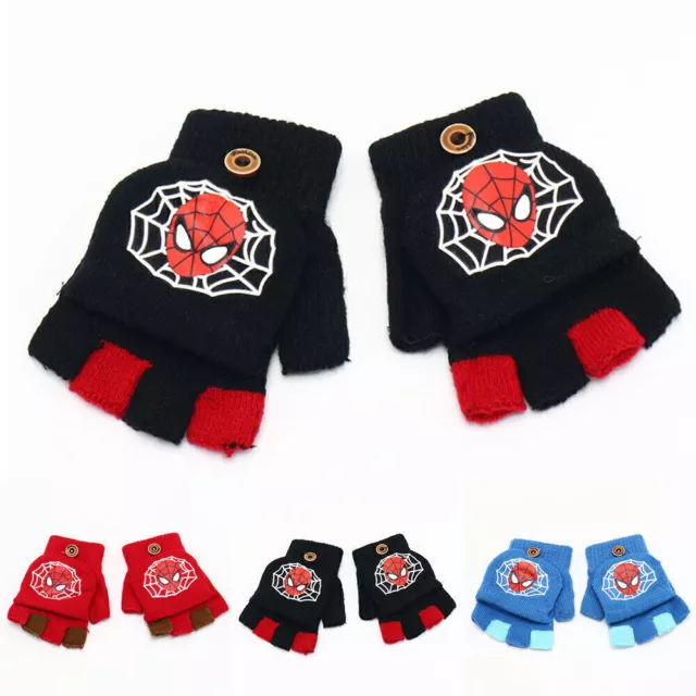 Kids Boys Girls Spiderman Half Finger Mittens Woolen Knitted Fingreless Gloves*