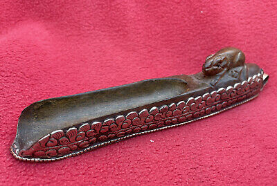 Tibetan Buddhist Old Wood Medicine Scoop With Rat In Embossed Silver Pendant