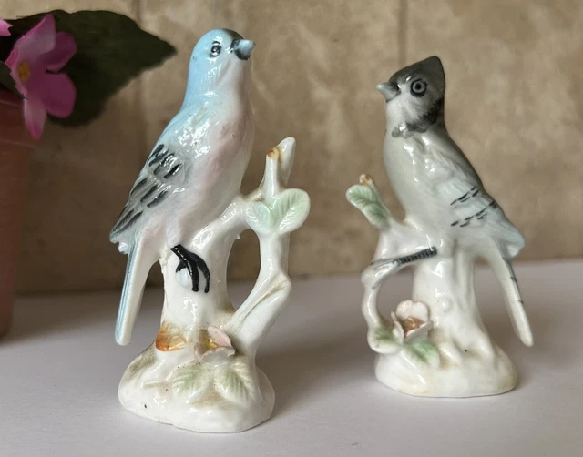 Vintage Porcelain Figurines Hand Painted Birds Blue Jay & Blue Bird Enesco Japan