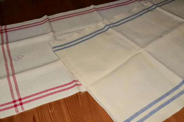 2 Alte Leinen Handtücher Küchentücher geriffelt mit rote u. blaue Streifen (3211