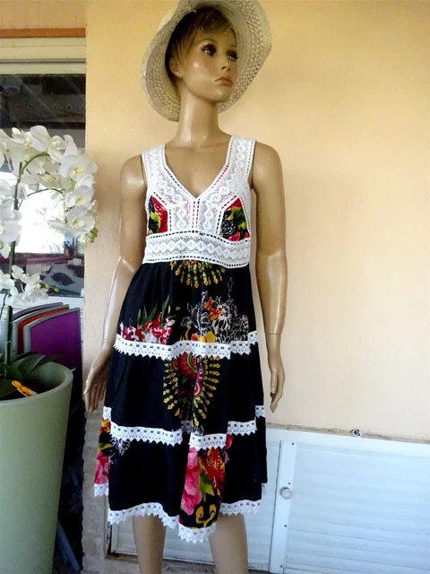 Robe Noire Fleurie PROMOD Taille 38/40 - Satin Polyester, Occasion Très Bon état