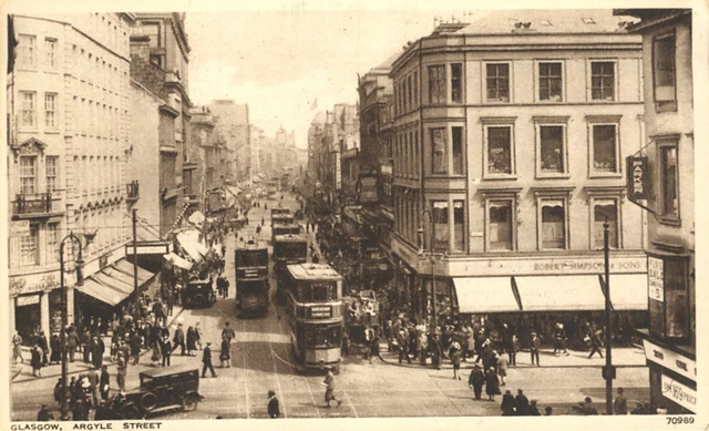 Glasgow Scotland Argyle Street People Streetcars Autos Aerial View Postcard