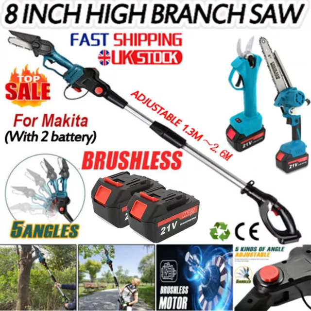 2 Batteries Long Reach 8" Brushless Chainsaw Cordless Garden Wood Cutter Saw