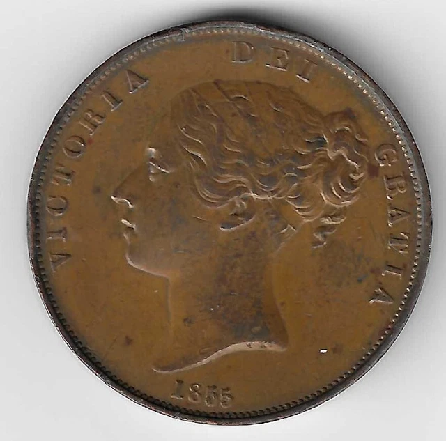 Queen Victoria Young Head 1855 OT Coinage Penny 1d British Coin