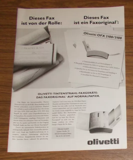 Seltene Werbung OLIVETTI OFX 2100 2300 Tintenstrahl-Faxgerät Fax 1992