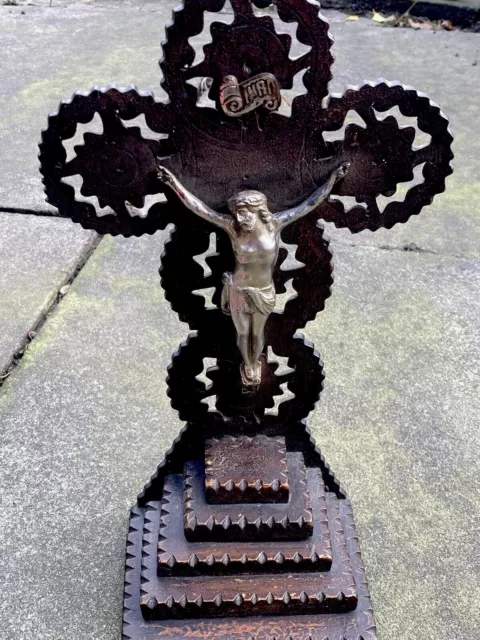 Tramp Art Antique Wooden Carved French 1920/s crucifix 14”approx