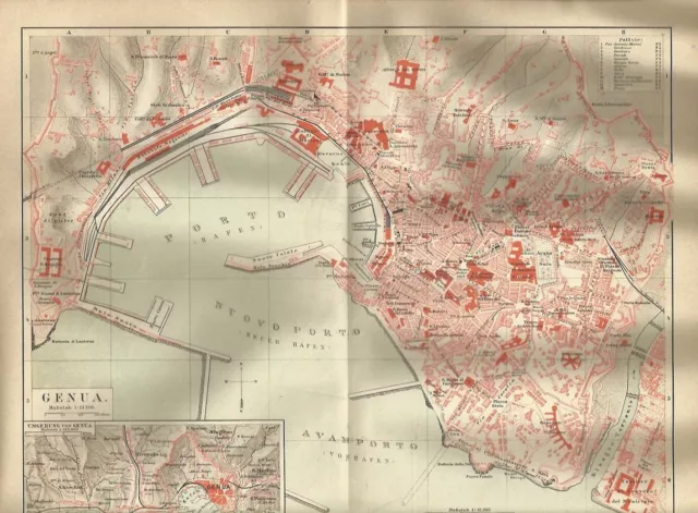 1889 GENUA Italien Original Alter Stadtplan Karte Antique City Map Italy Italia