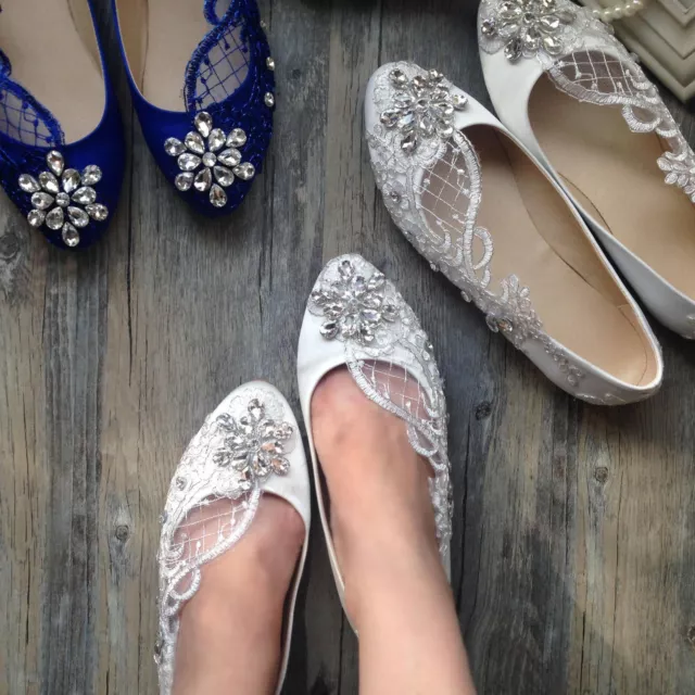 Satin White Ivory Blue Lace Gem Lady Wedding Formal Bridal Bridemaid Flat Shoes
