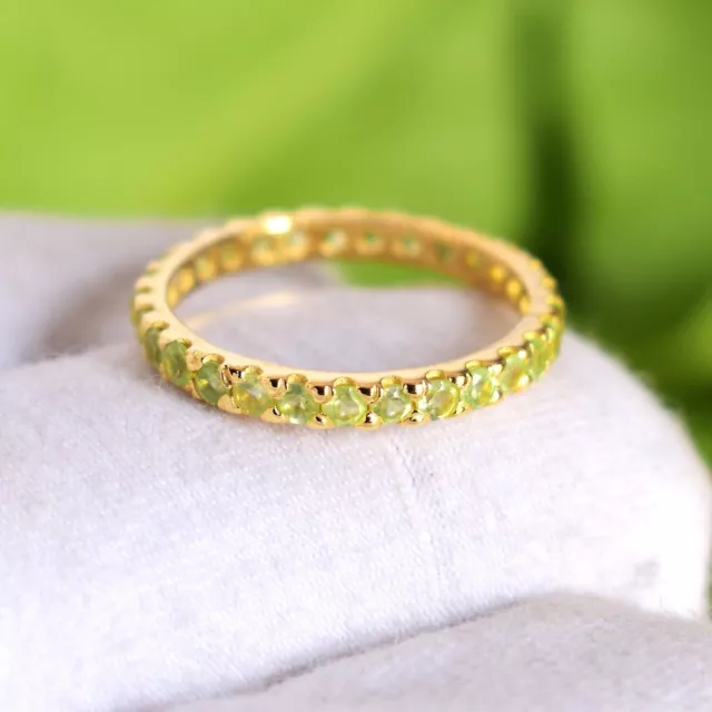 Péridot Gemstone Solid 14k Yellow Gold Band Ring Eternity Jewelry...