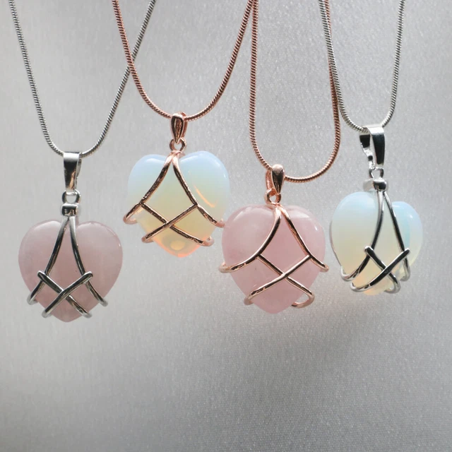 Natural Crystal Heart Pendant Wound Necklace Wire Wrapped Stone Quartz Jewelry