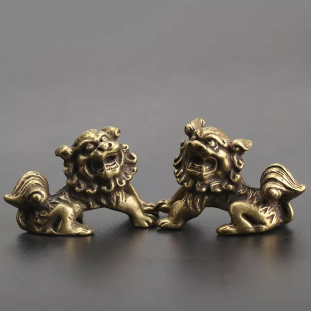 A Pair Chinese Collection Old Asian Brass Lion Exquisite Hand Piece Statue