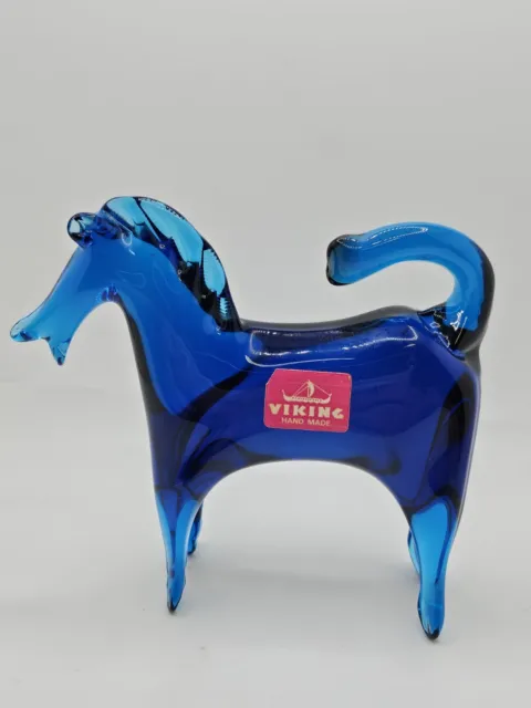 VTG Viking Glass Cobalt Blue BLUENIQUE Horse Figurine Art Blown Glass & Sticker!