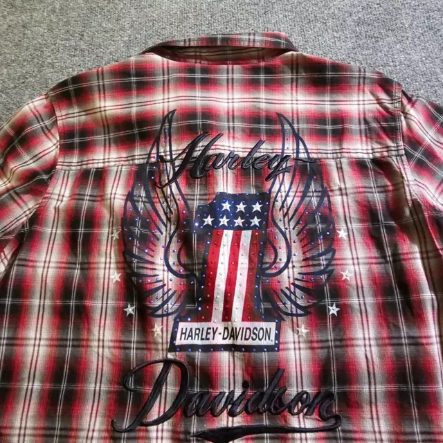 Harley Davidson Shirt Top Womens XL Red Plaid Embroidered Pearl Snap Rhinestones