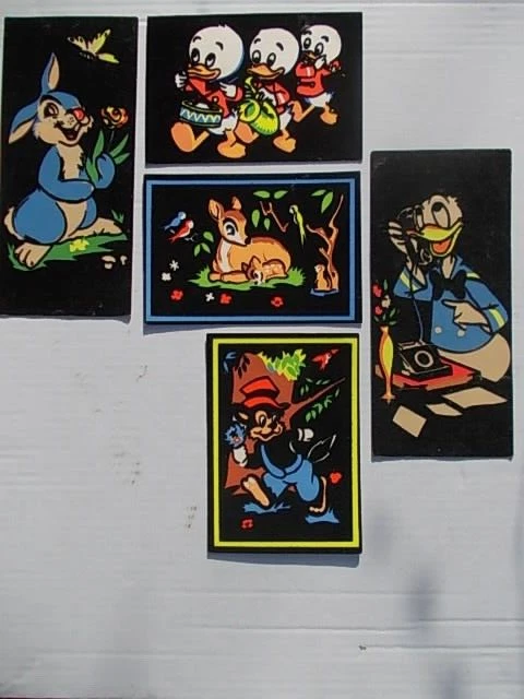 Walt DISNEY 5 cartes feutrine fluo 1960 Carrere Donald Bambi Riri Fifi Loulou !