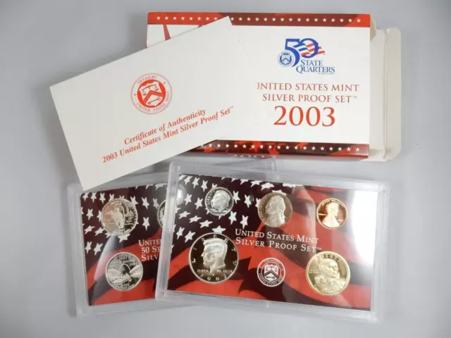 2003 Us Silver Proof Set, Box & Coa, State Quarters, Complete Ogp