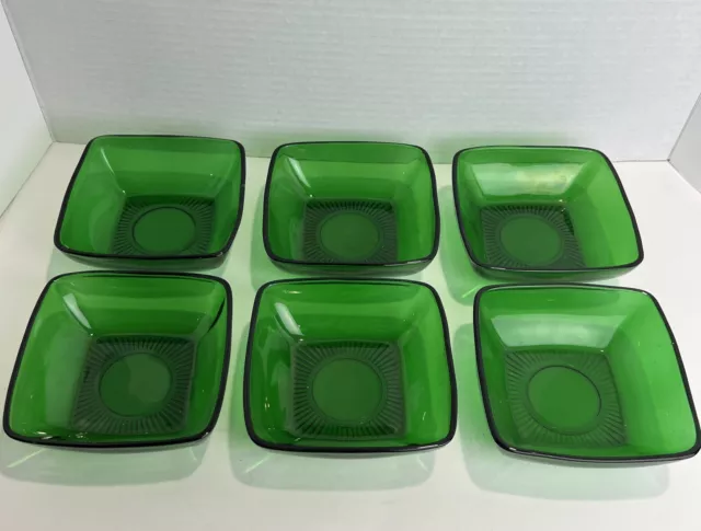 6-Fire King Anchor Hocking Charm Forest Green Glass Square Fruit Dessert Bowl 4”