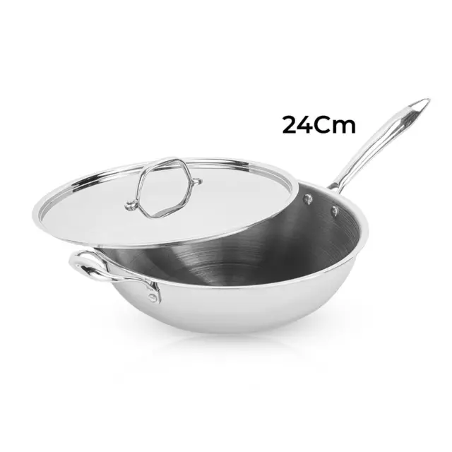 Royalford 24cm Wok With Lid Stir Frying Triply Induction Base Stainless Steel