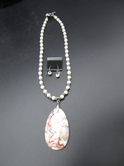 18K Gold Plated Crazy Lace Agate Bead Toggle Necklace Earring Set 16" Estate