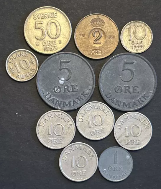 Lot of 11 Vintage Denmark Sweden Iceland 1, 2, 5, 10, 50 Ore & Aurar Coins 1933