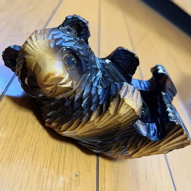 Wood Carving Cute Face Bear Figurine Interior Feng Shui Lucky Charm Good Luck