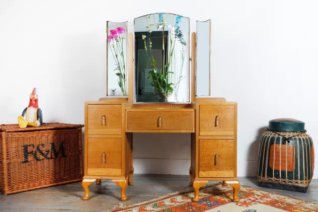 Vintage Art Deco Oak Mirrored Dressing Table