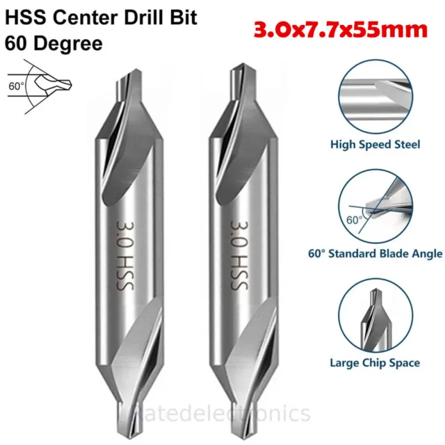 2X Center drill 60° A-type high-speed steel center drill 3.0x7.7x55mm Durable US