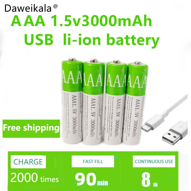 Batterie ricaricabili USB AAA 1.5V 3000 mAh batteria agli ioni di litio