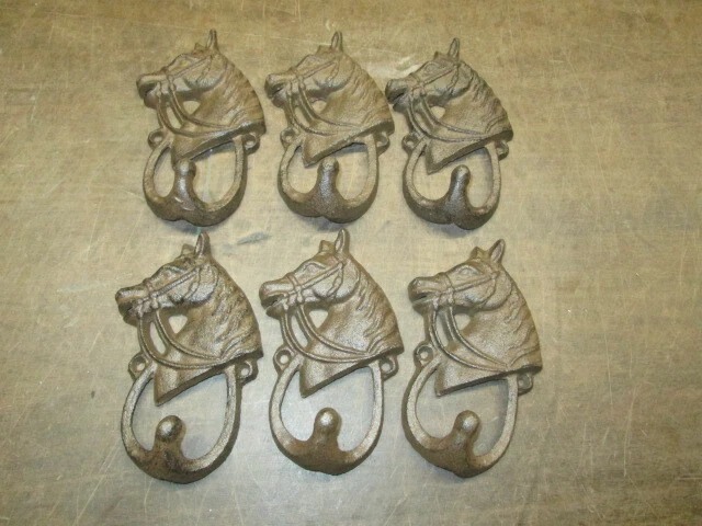 6 Cast Iron HORSE HEAD Coat Hooks Hat Hook Towel Rack Western Cowboy Decor